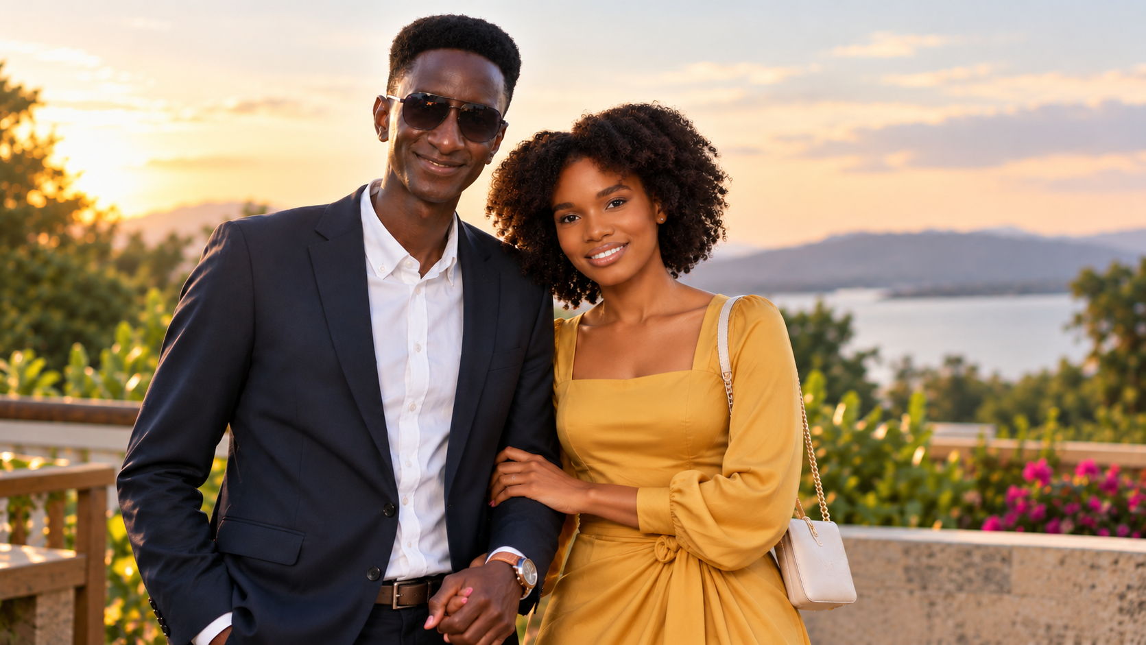 Nicholas and Stacey together on a terrace at sunset